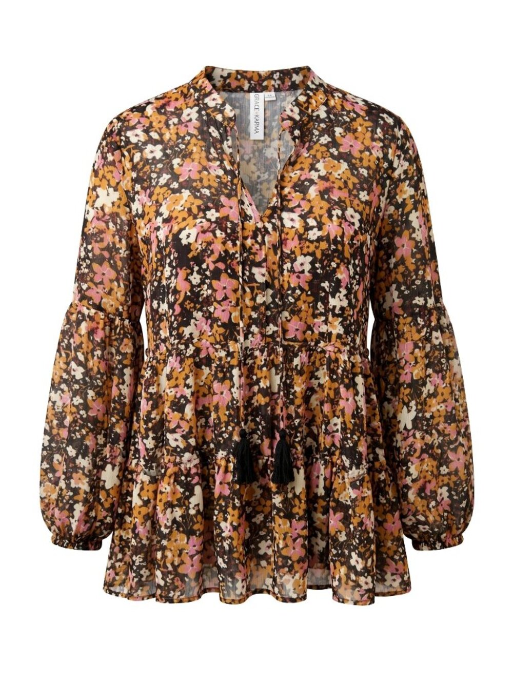 Grace + Karma Women's Large Floral Boho Tiered Blouse Cottagecore Tassel Tie NWT - Picture 1 of 7